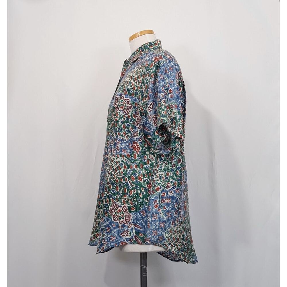 Vintage 90s Blouse Silk Blue Red Floral Short Sleeve Shirt Top Women's Size S - Picture 3 of 6